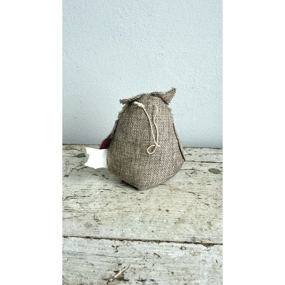 Rustic Burlap Owl Ornament Burgundy Tan Farmhouse Woodland Decor 4in